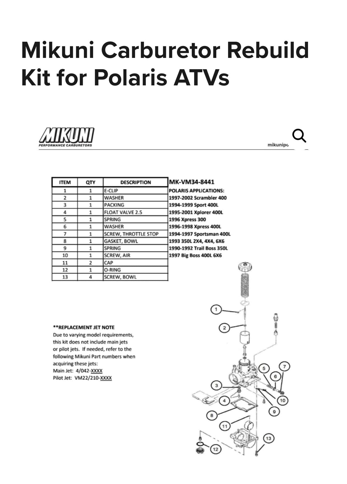 Mikuni MK-VM34-8441 - Mikuni VM30-34 Carburetor Rebuild Kit for Polaris ATVs and Many Applications
