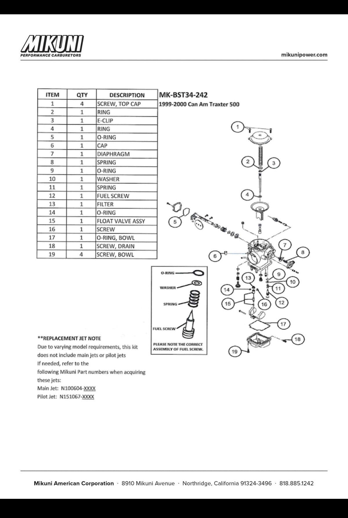 Mikuni MK-BST34-242 - Mikuni Carburetor Rebuild Kit for Can-Am Tracker 500