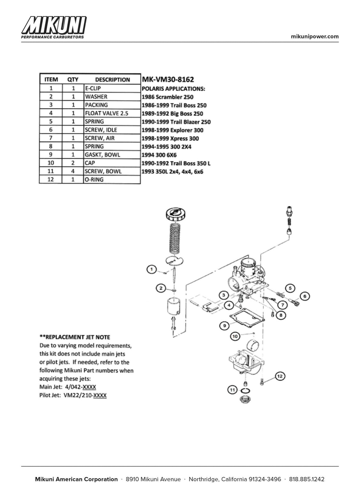 Mikuni MK-VM30-8162 - Mikuni Carburetor Rebuild Kit for Polaris ATVs and Many Other Applications